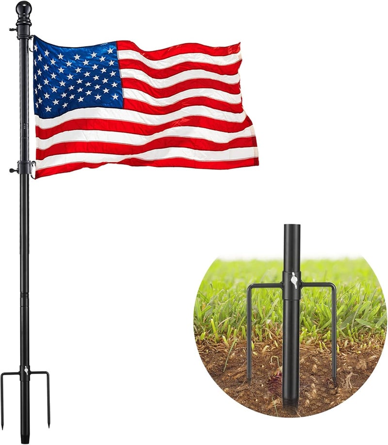 DonSail Black Flag Poles for Outside in Ground - 8.3ft Flag Pole for House with 2 Pronges Base - Stainless Steel Flag Pole Kit with 3x5FT American Flag for Yard Residential Commercial - Image 1